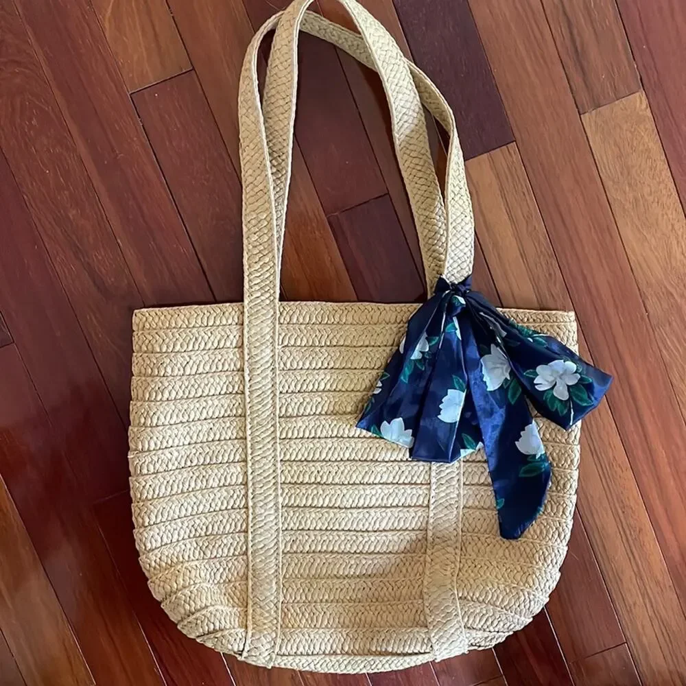 Draper James Straw Tote Bag Blue Silk Scarf Preppy Summer Coastal Nautical Vaca - Picture 1 of 7
